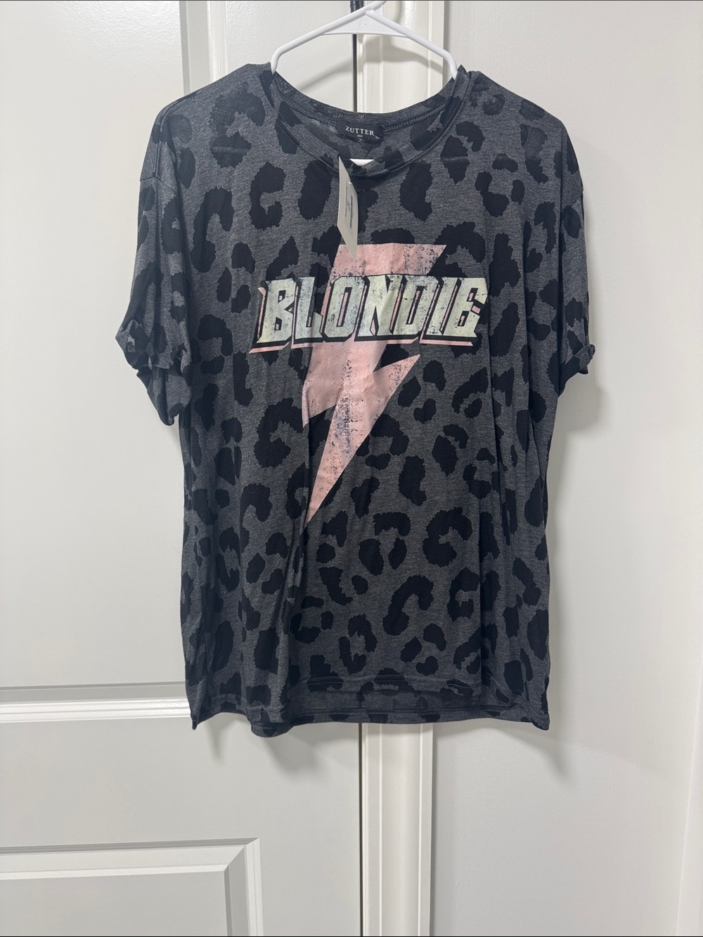 Graphic Tee - Black Leopard Print with Pink Lightning